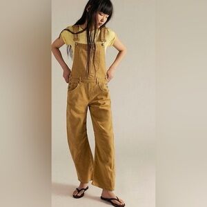 Free People We The Free Good Luck Barrel Overalls - Honey Tan Sz XL